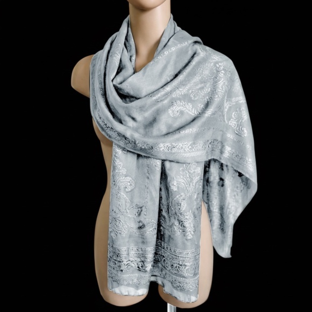 Gray Silk Jacquard Scarf Floral Damask Wrap Lightweight Evening Shawl